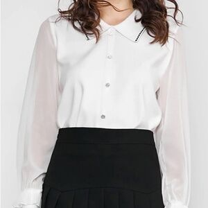 J.ING Malika Vintage-Inspired White Collared Cardigan with Sheer Sleeves